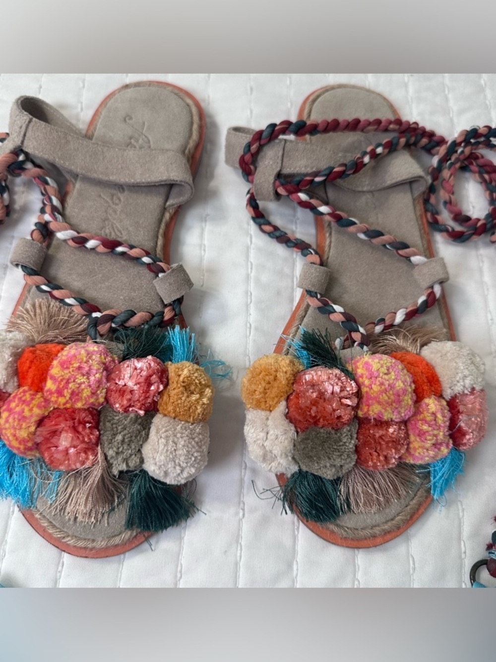 NWOB Free People Multicolor Pom-Pom Wrap Lace-Up Sandals - Picture 3 of 13